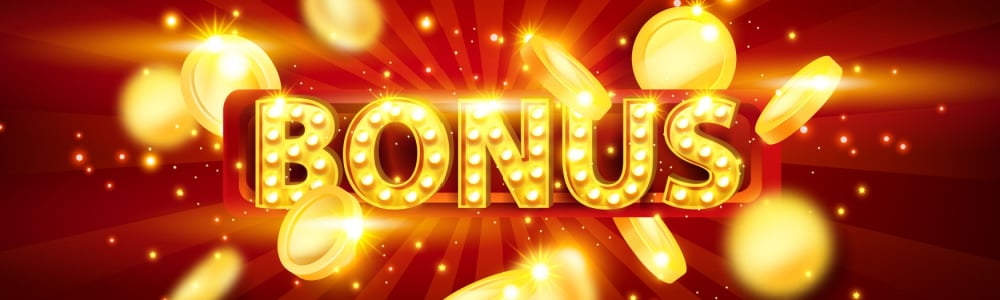 “Bonus” sign with gold coins falling behind