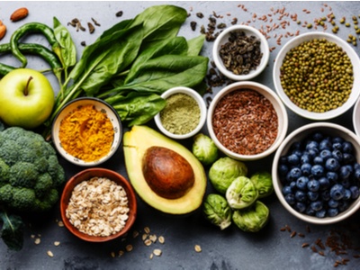 baskets of fruits, vegetables, grains and legumes