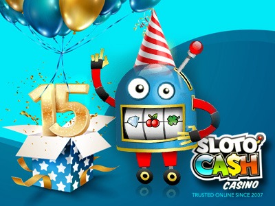 SlotoCash logo with a 15 incorporated into it for it's 15th anniversary