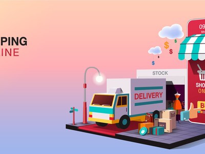 a little model of an online store with a delivery truck