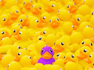 purple duck in the middle of many yellow ducks